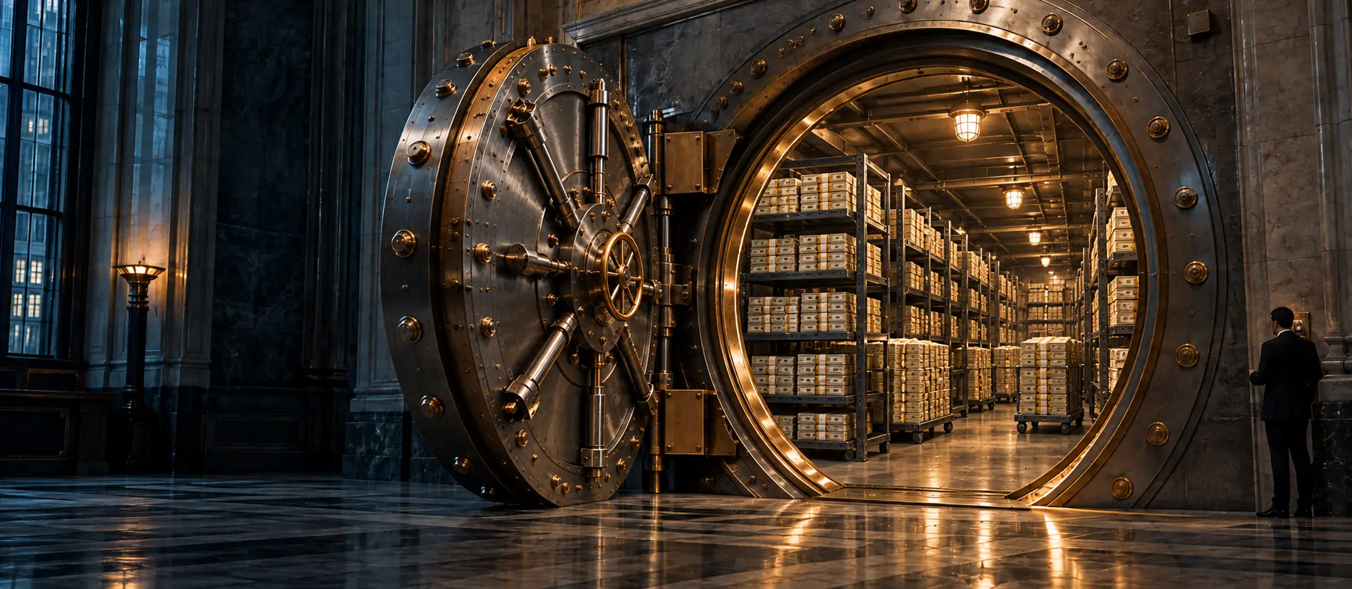 An imagined Manhattan bank vault stands open, with shelves of cash visible inside
